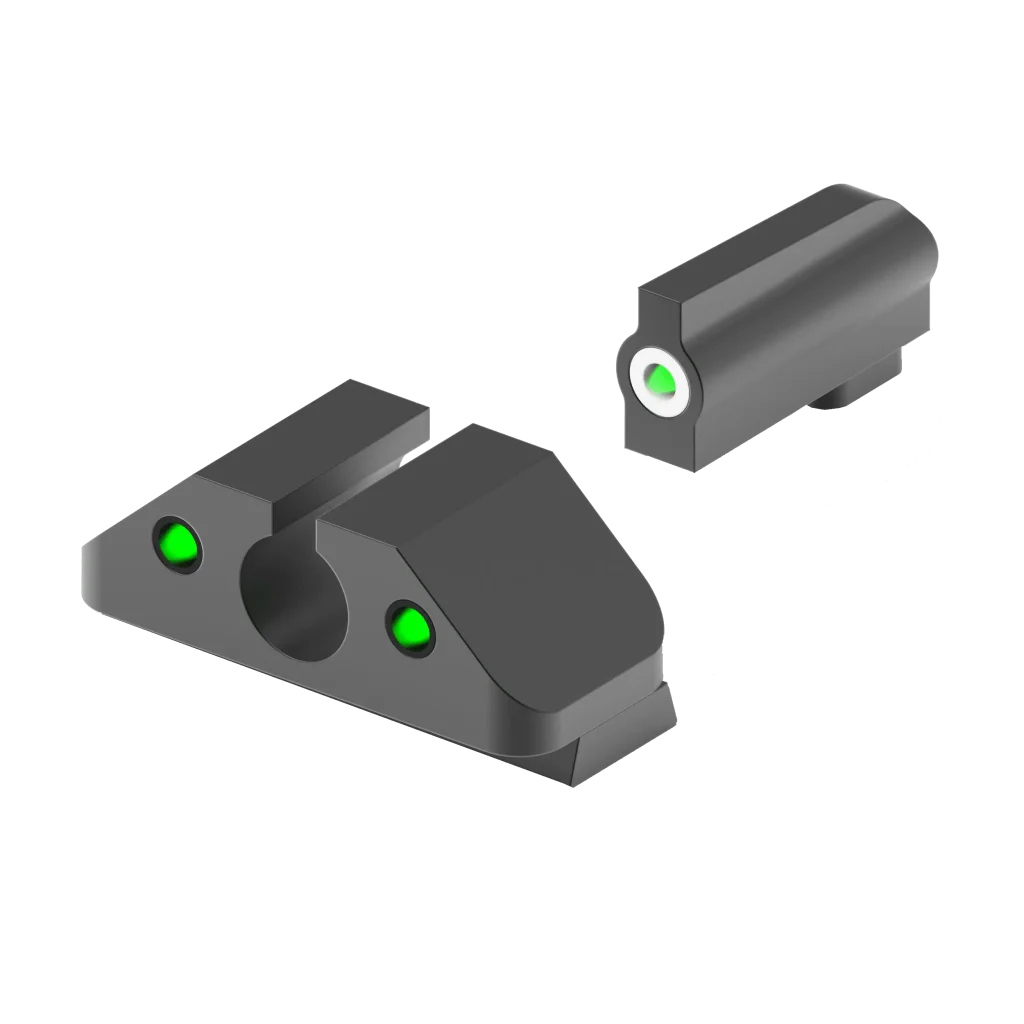 White tritium night sights for Glock pistols featuring dual picture sight technology