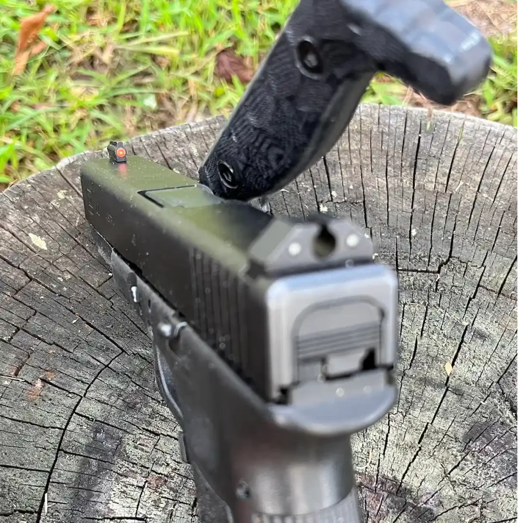 Close-Up of Dual Picture Tritium Night Sights – Handgun Aiming System